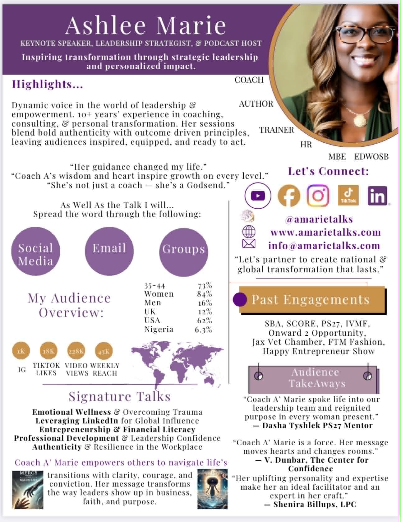 Ashlee Marie official speaker sheet — keynote speaker, leadership strategist, podcast host